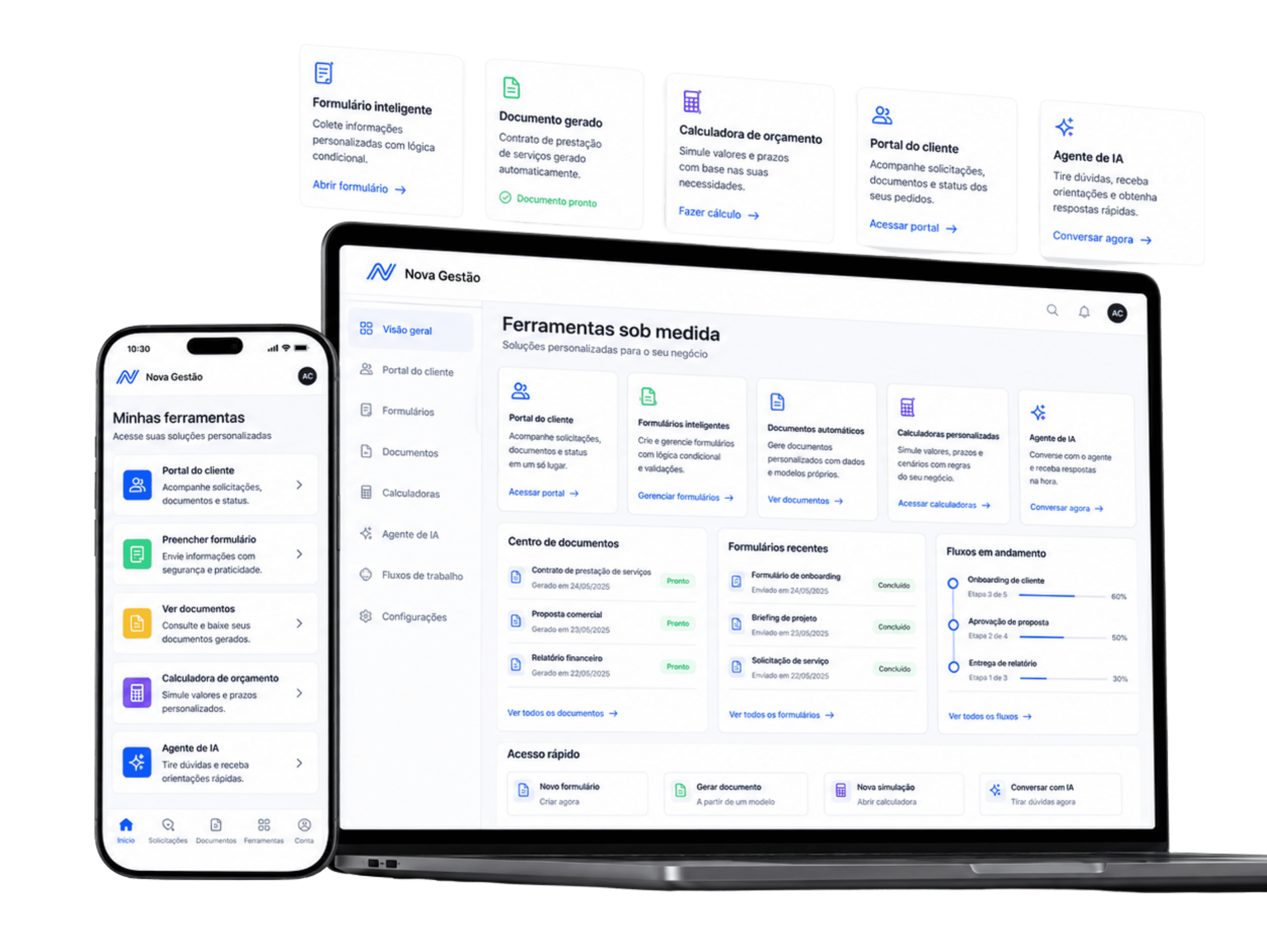 Painel de exemplo com portal do cliente, formulários, documentos, calculadora e agente de IA sob medida